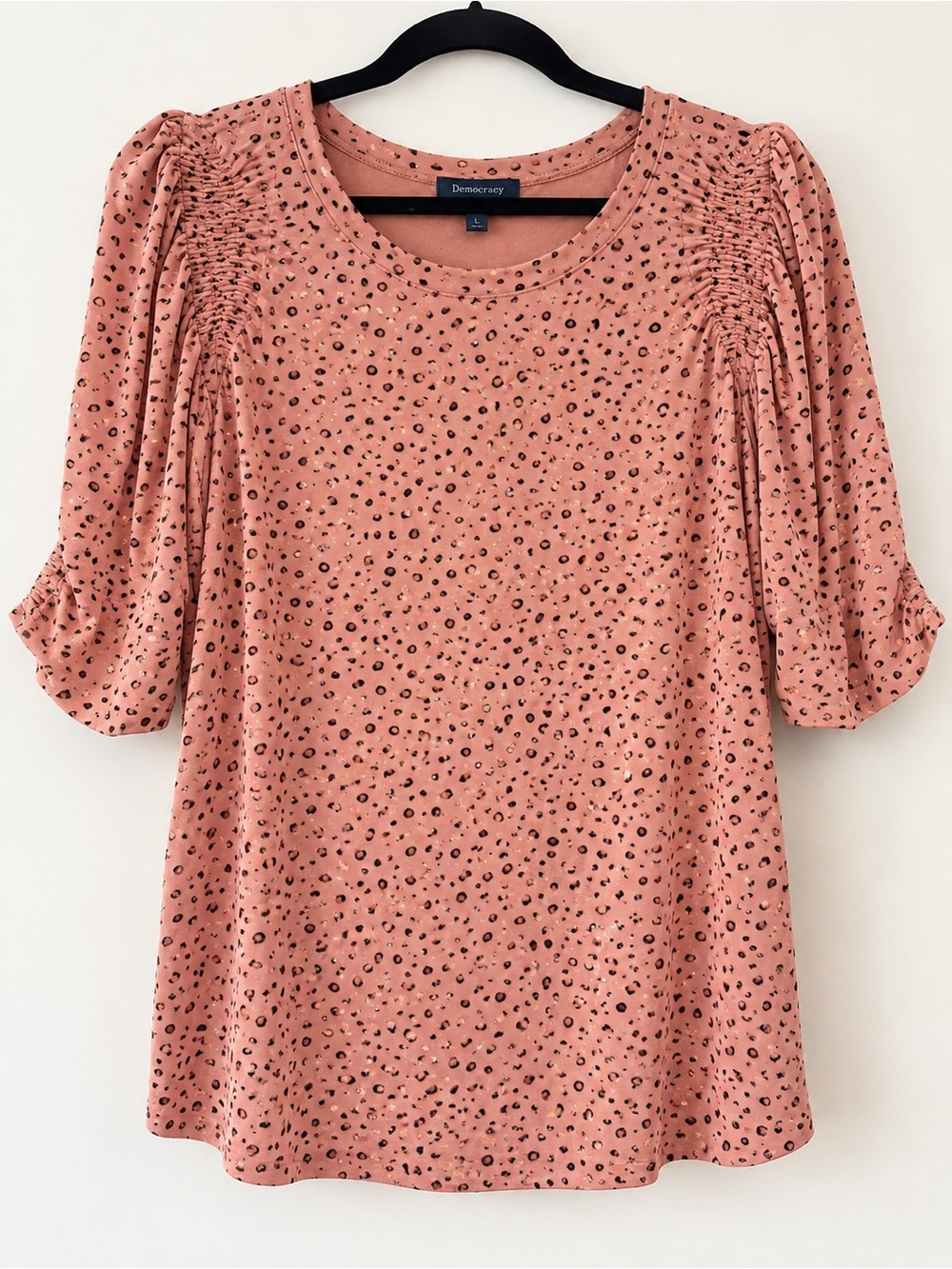 Democracy Dusty Rose Metallic Dot Ruched Sleeve Top Size L